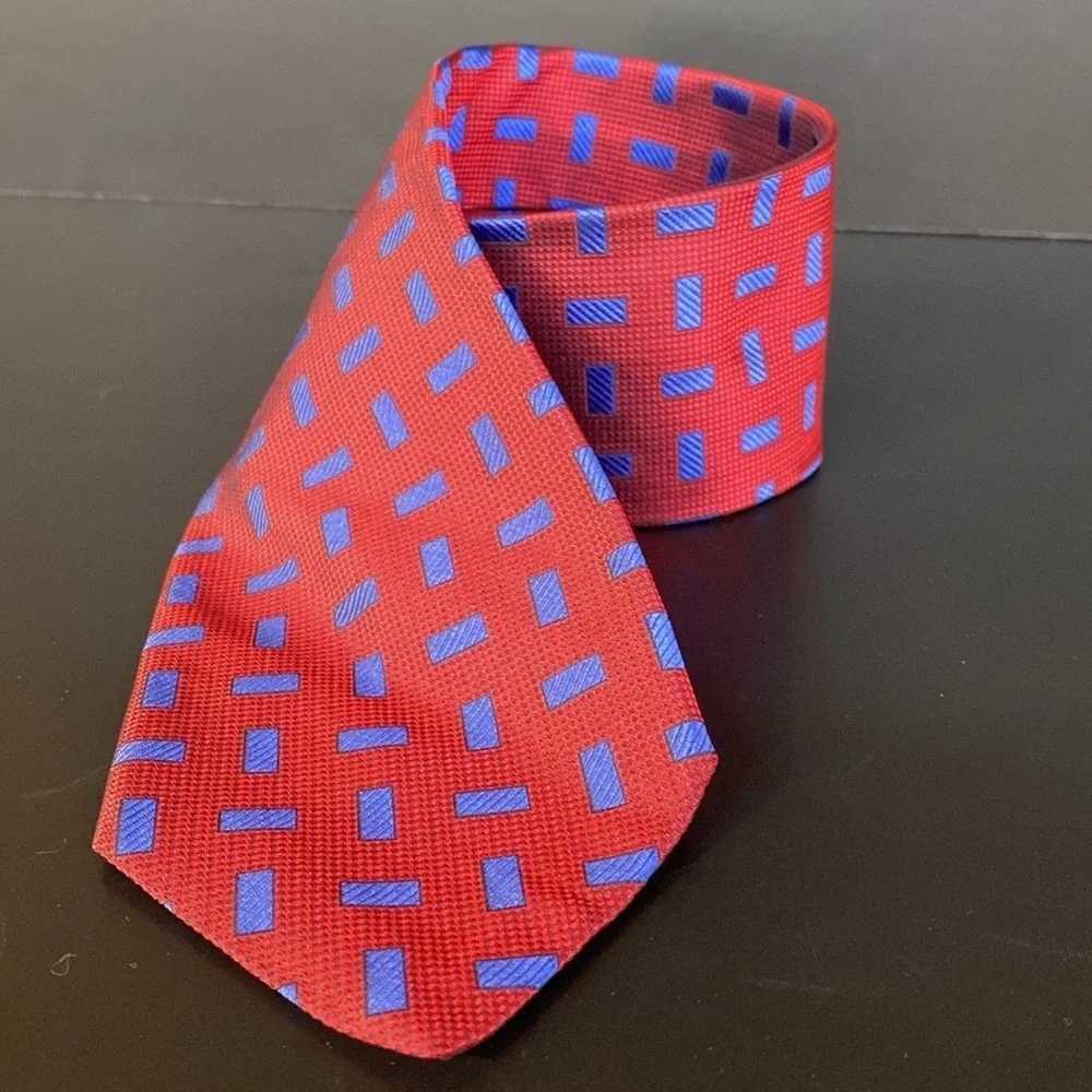 Innocenti Italy x Tom James Silk Brocade Hand Made Tie Geometric OAP Red Blue
